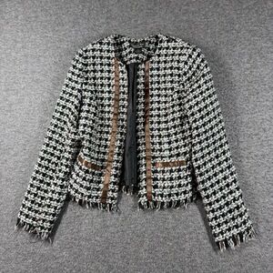 Chapter One Boucle Fringe Tweed Blazer Womens 6 Black White Open Front‎